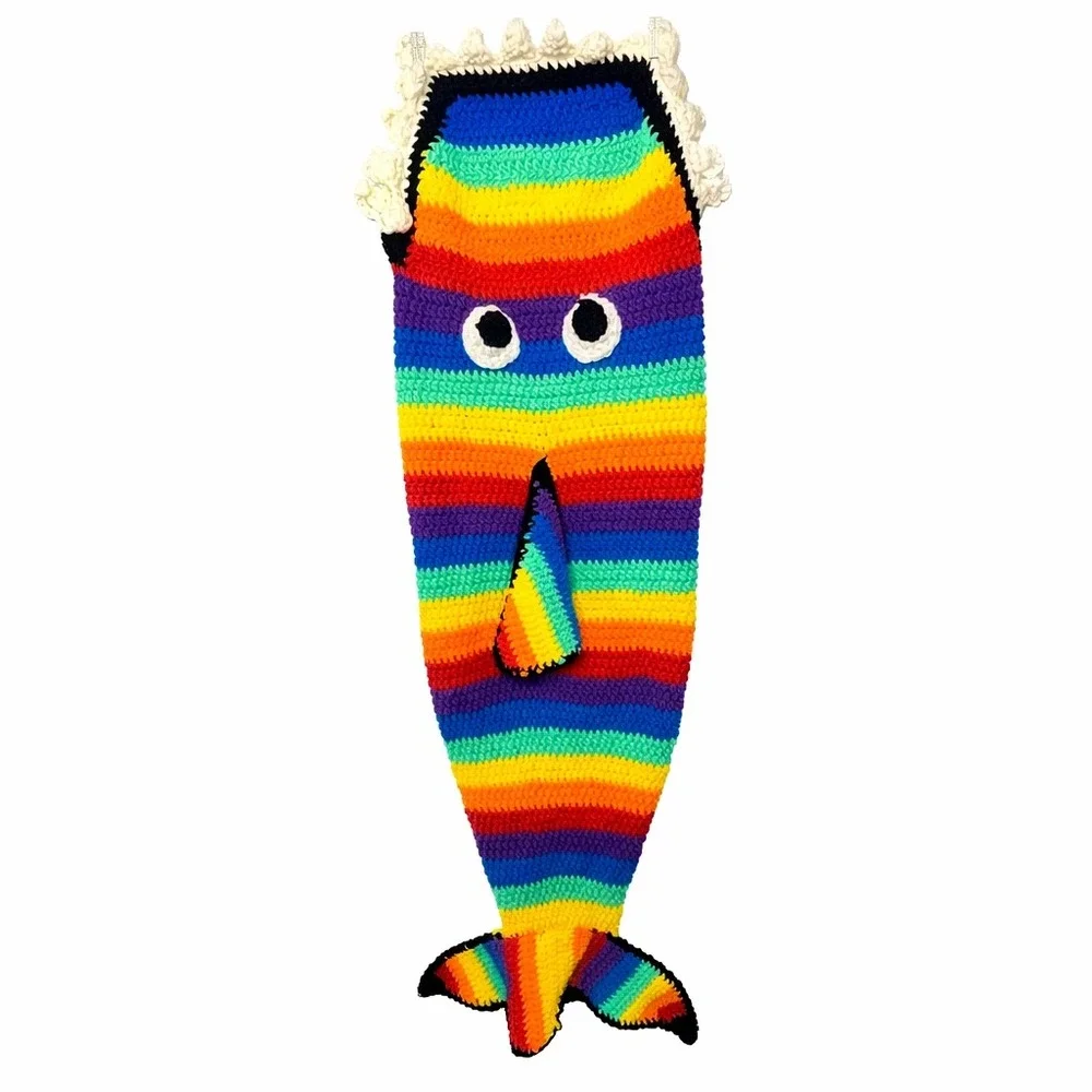 Handmade Hand Knit Rainbow Smiling Shark or Whale Tail Blanket Cocoon 70x20‎